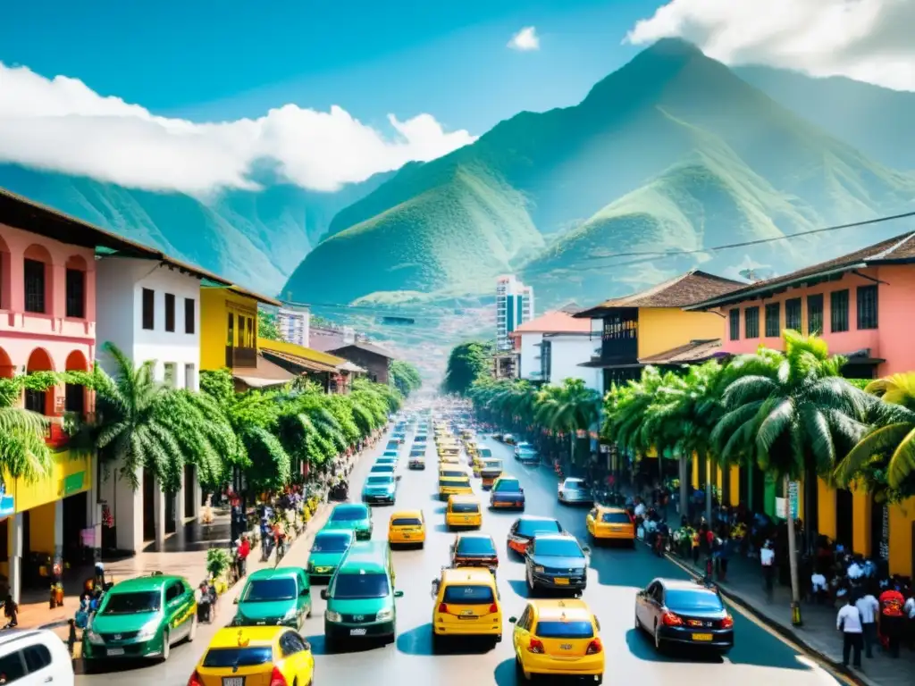 Vibrante ciudad colombiana: rascacielos, gente y montañas verdes Una vibrante calle de la ciudad en Colombia, con rascacielos modernos y gente activa