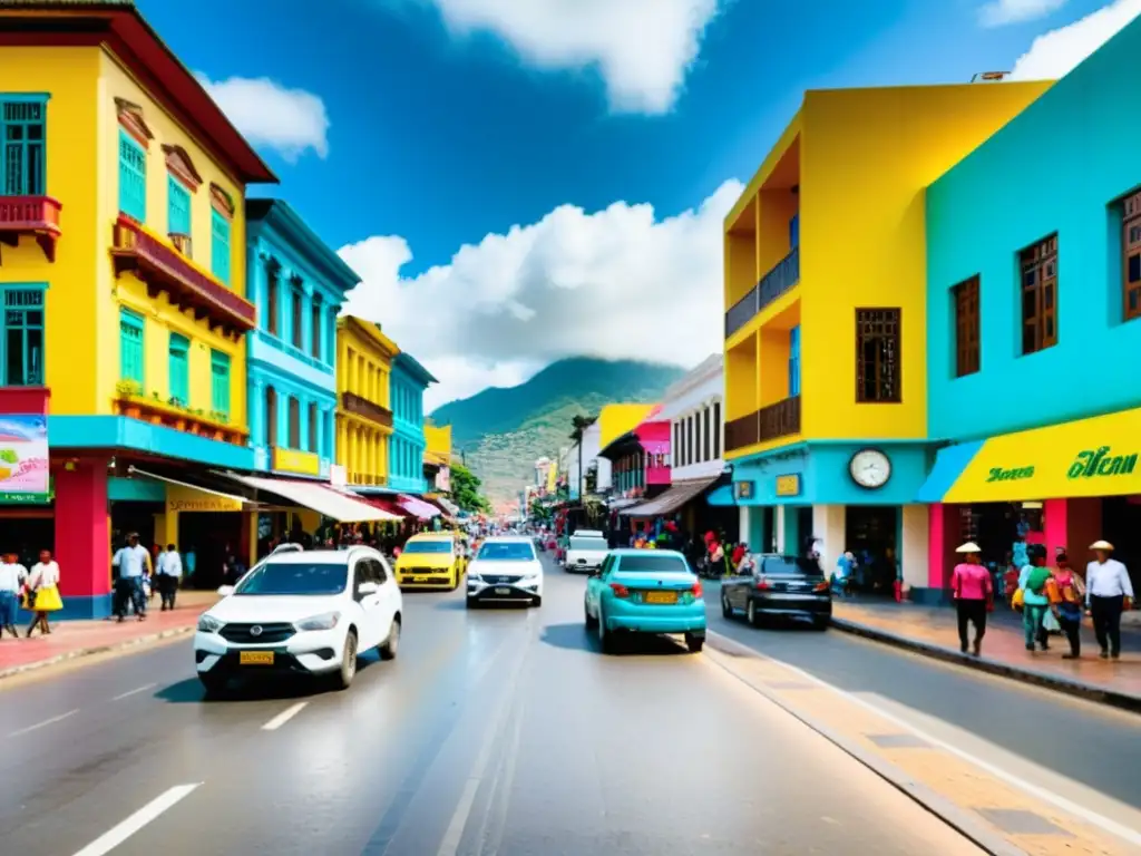 Vibrante escena urbana en Colombia: impuestos y vida cotidiana Vibrante calle colombiana con coloridos edificios y actividad urbana, reflejando la fiscalidad local en Colombia