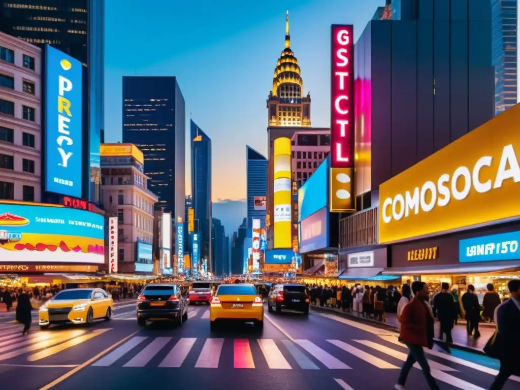 Vibrante ciudad comercial: 8k imagen de calle bulliciosa Una vibrante calle comercial en 8k, llena de actividad con edificios altos, letreros vibrantes, y una energía dinámica