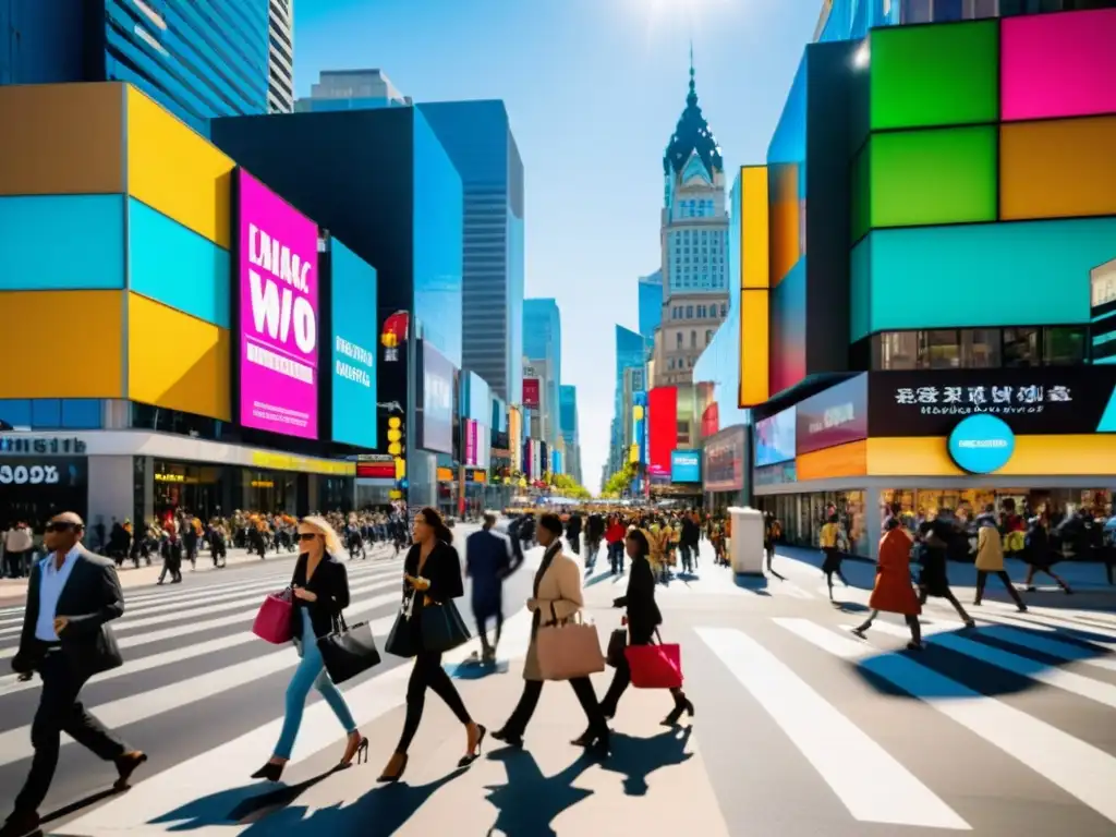 Vida urbana llena de energía: impacto de los impuestos de consumo Vibrante calle urbana llena de gente diversa y edificios modernos, reflejando el impacto de impuestos al consumo en la vida cotidiana