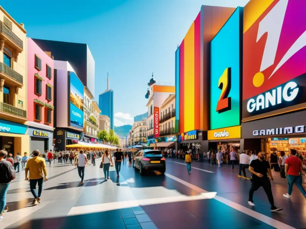Vibrante calle de la ciudad en España: el auge de la industria del juego Vibrante calle urbana en España con tiendas de videojuegos y gente disfrutando de la cultura gaming