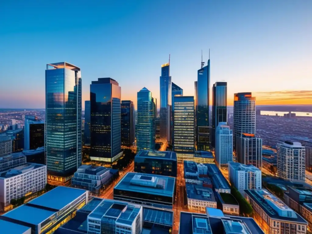 Esplendor urbano al atardecer: rascacielos iluminados Vibrante ciudad al atardecer, con modernos rascacielos y el cálido resplandor del sol