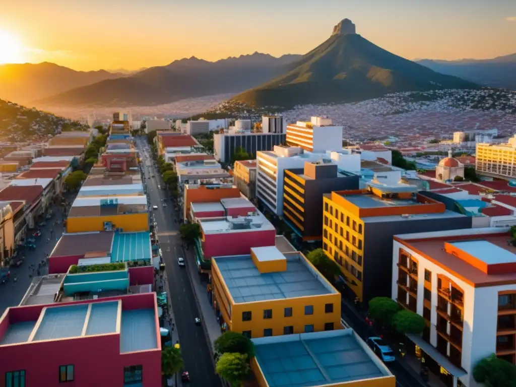 Vibrante paisaje urbano de México al atardecer Vibrante ciudad de México al atardecer, con rascacielos modernos y emprendedores, reflejando la planificación fiscal para emprendedores en México