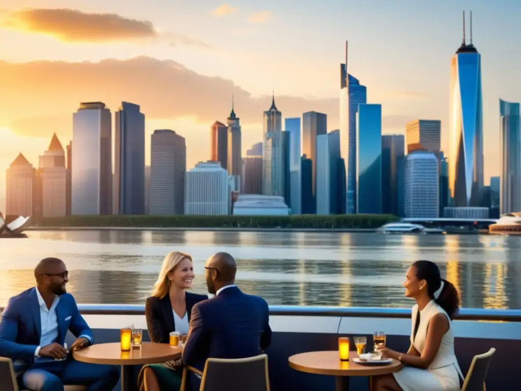 Atardecer en la ciudad: debate animado en café con skyline global Vibrante ciudad al atardecer, con rascacielos modernos reflejando la cálida luz dorada