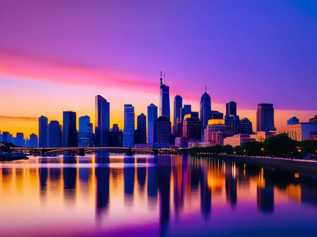Horizonte urbano vibrante al atardecer reflejado en el río Vibrante ciudad al atardecer con rascacielos iluminados y río reflejando luces urbanas