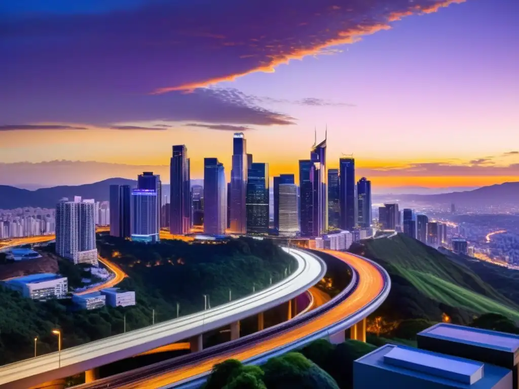 Horizonte urbano al anochecer: equilibrio entre progreso y naturaleza Vibrante ciudad al atardecer, rodeada de colinas verdes
