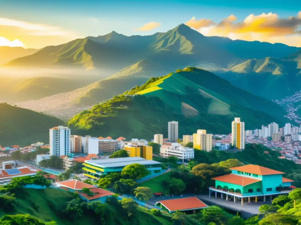 Skyline vibrante de una ciudad colombiana Vibrante ilustración de la ciudad colombiana con arquitectura moderna y tradicional, montañas verdes y vida urbana