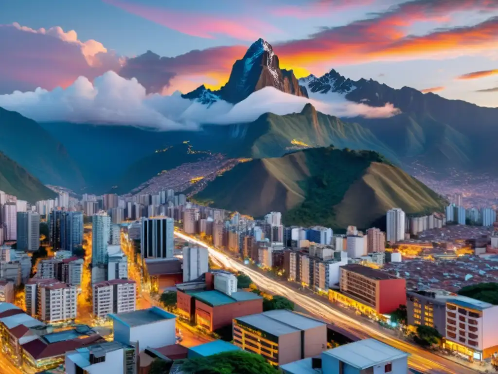 Atardecer vibrante en la ciudad colombiana Vibrante ciudad colombiana al atardecer, con modernos rascacielos y vallas publicitarias digitales iluminando el horizonte