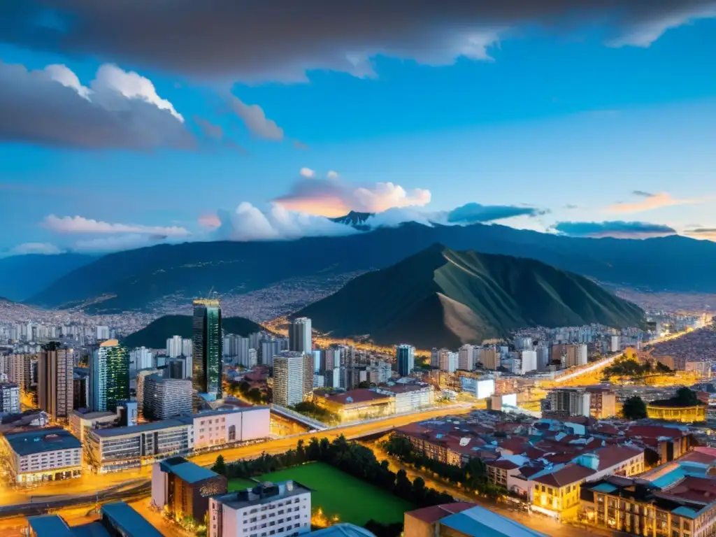 Bogotá: Luces, Montañas y Vida Urbana Vibrante ciudad colombiana con modernos rascacielos y los Andes al fondo