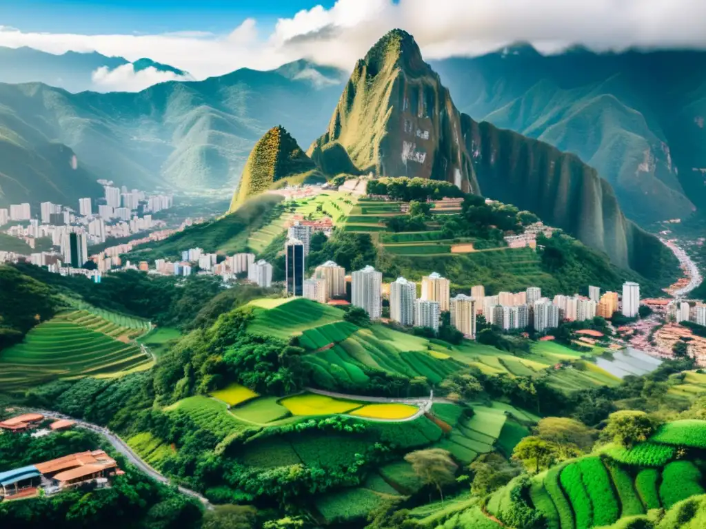 Vibrante ciudad colombiana: rascacielos y naturaleza Vibrante ciudad colombiana con rascacielos modernos y montañas verdes