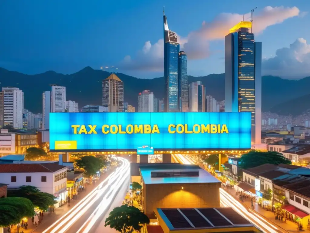 Anochecer vibrante: Modernización tributaria en Colombia Vibrante ciudad colombiana al anochecer, con rascacielos iluminados y un centro de información tributaria digital