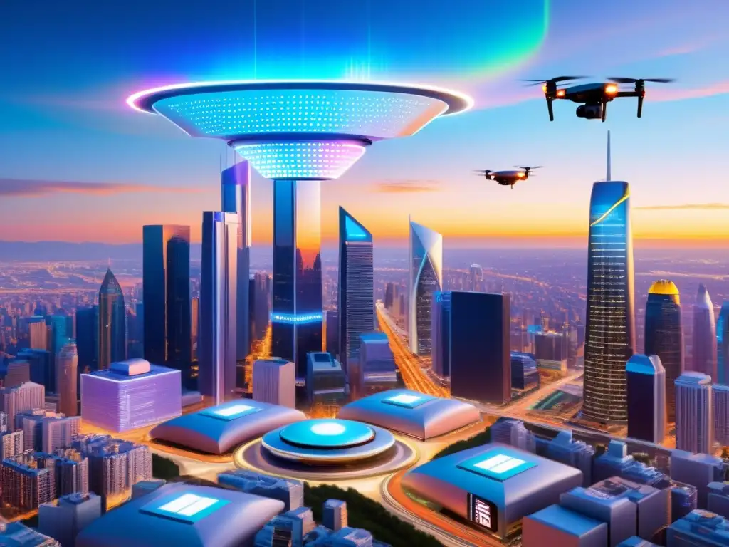 Metrópolis futurista: negocios digitales y drones en acción Vibrante ciudad futurista al atardecer con rascacielos holográficos y negocios debatiendo tendencias fiscalidad digital ecommerce España