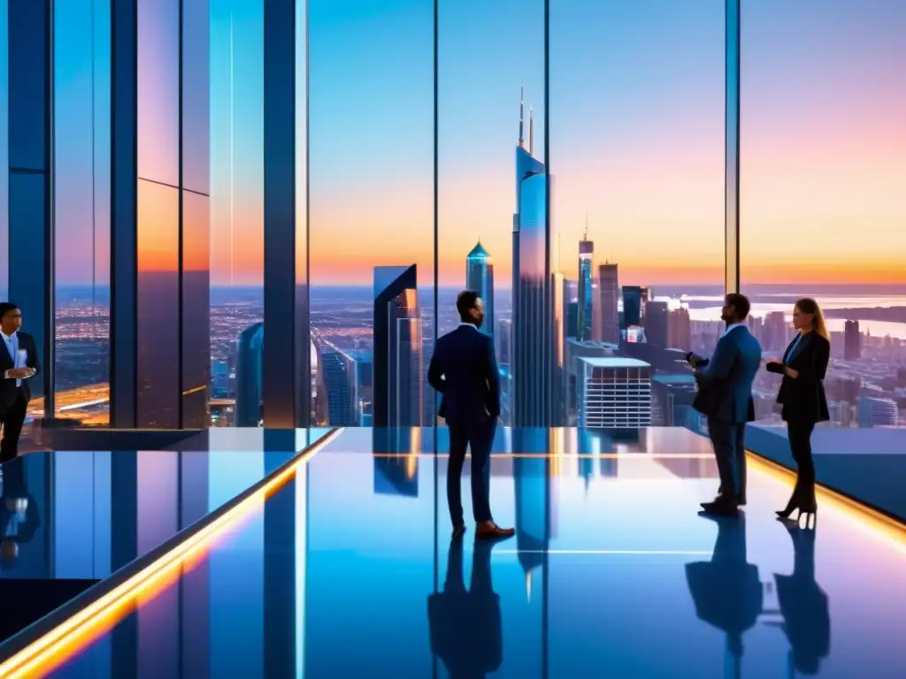 Metrópolis futurista: innovación y colaboración en IA Vibrante ciudad futurista al atardecer con inteligencia artificial en gestión tributaria
