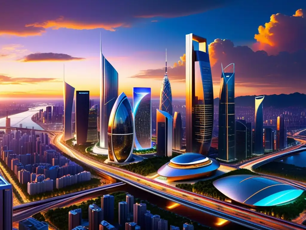 Horizonte futurista: ciudad moderna bañada por una puesta de sol dorada Vibrante ciudad futurista al atardecer con rascacielos y autopistas iluminadas