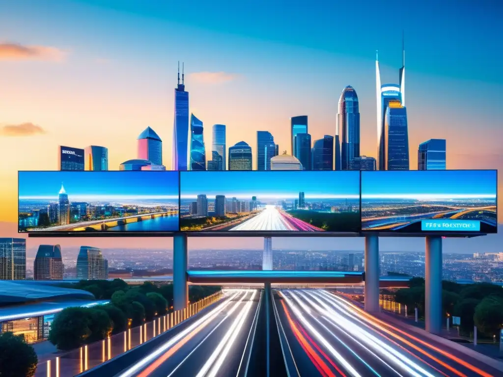 Metrópolis futurista: economía digital en evolución Vibrante ciudad futurista con hologramas y letreros digitales, reflejo de la tributación economía digital legislación
