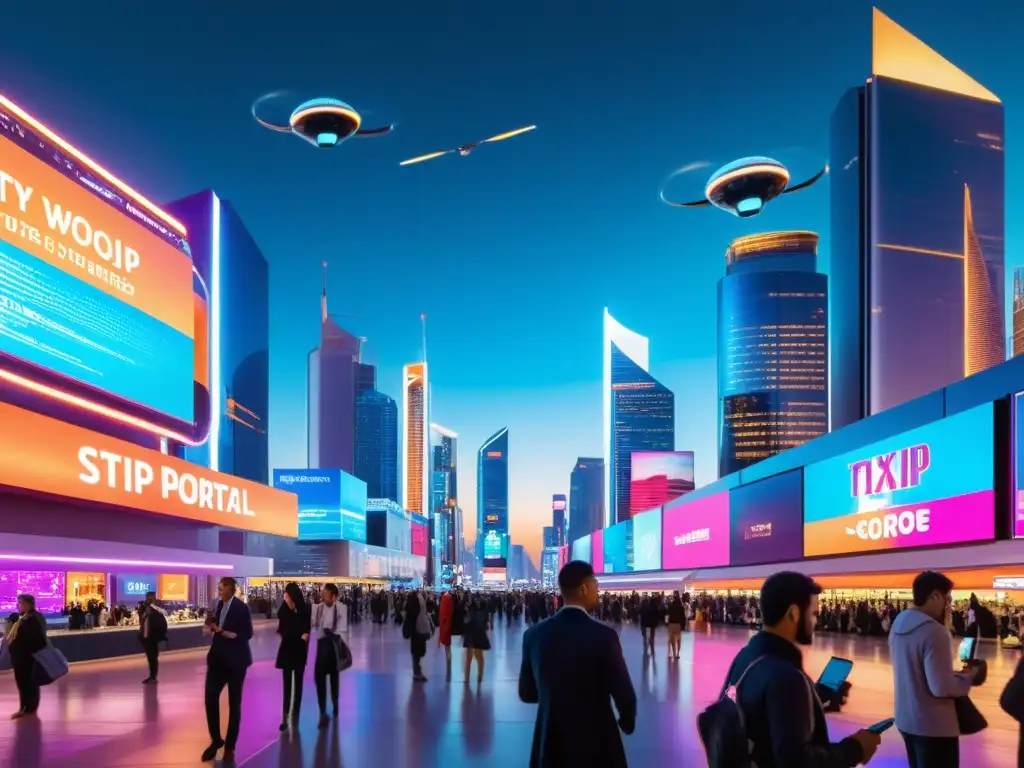 Metrópolis futurista: vida digital y luces de neón Vibrante ciudad futurista de noche con luces neón, drones y transacciones digitales