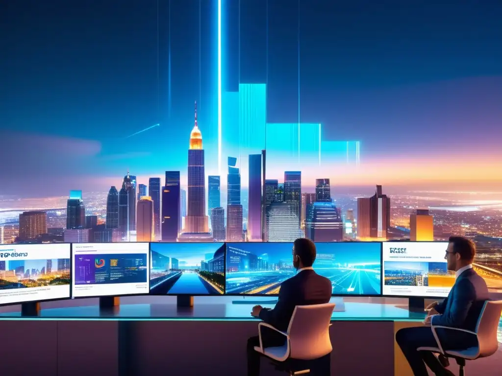 Legislación fiscal y AI: Ciudad futurista y tecnología avanzada Vibrante ciudad futurista nocturna con edificios modernos iluminados por hologramas