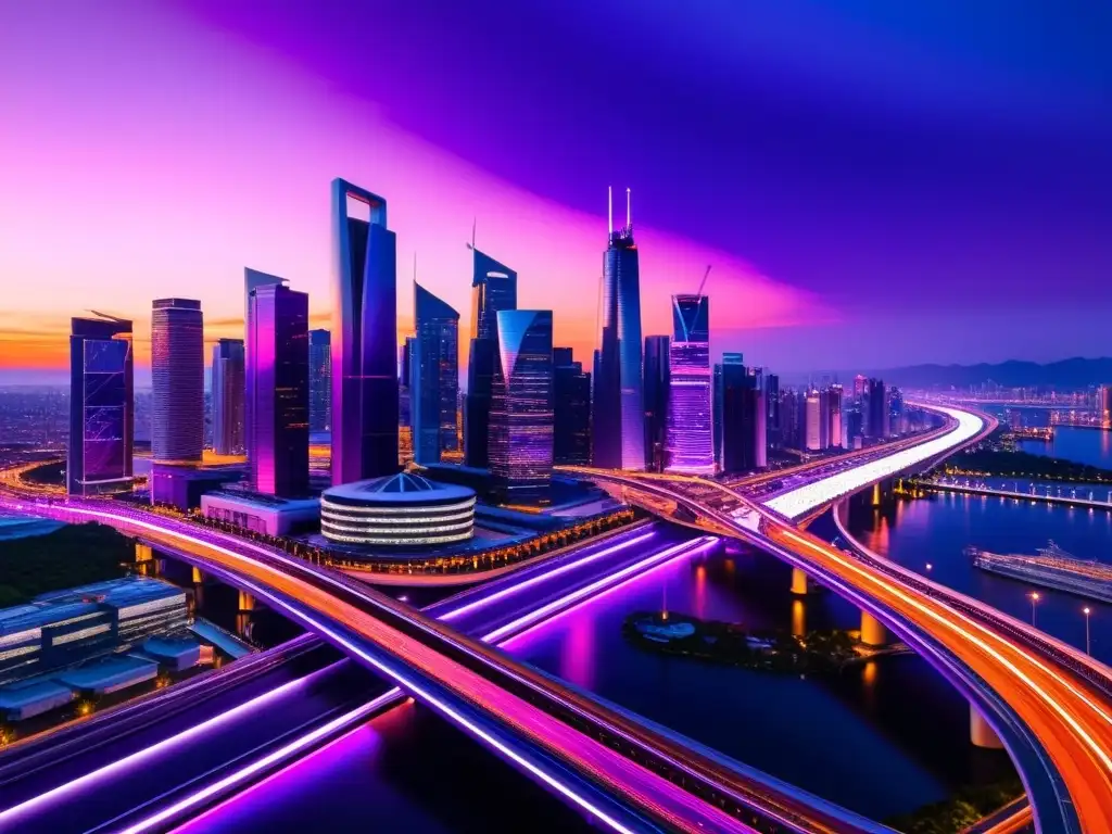 Metrópolis futurista: luces de neón en la noche Vibrante ciudad futurista al anochecer, con rascacielos iluminados por luces neón