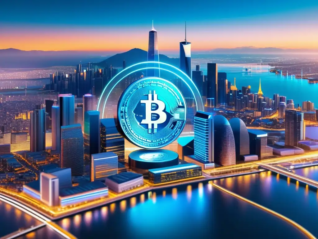 Metrópolis futurista con símbolos de criptomonedas Vibrante ciudad futurista con símbolos de monedas digitales en la arquitectura y pantallas holográficas mostrando datos financieros, simbolizando la evolución legal de la fiscalidad de las criptomonedas