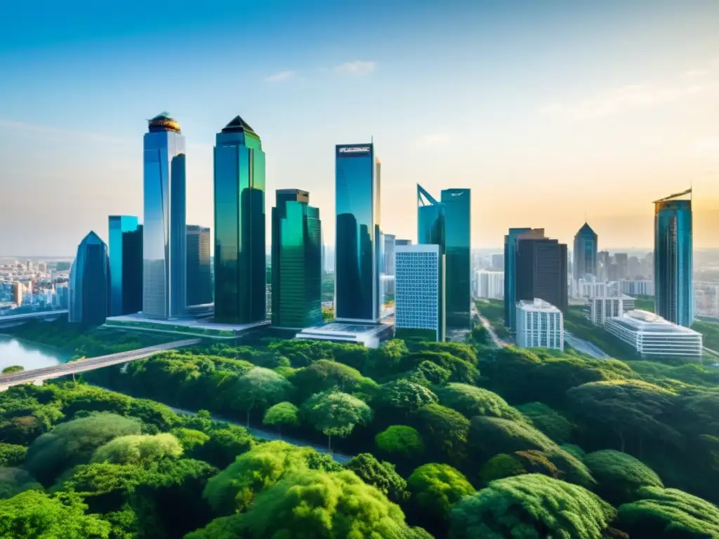 Horizonte urbano moderno junto a la naturaleza Vibrante ciudad moderna con rascacielos y vegetación