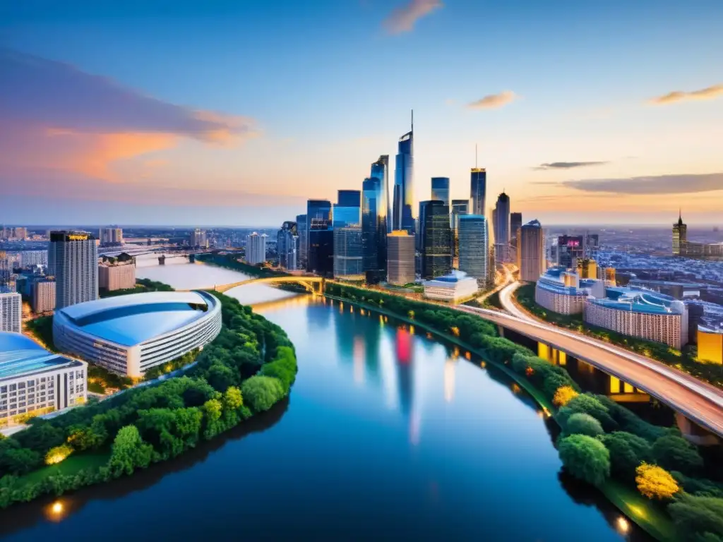 Atardecer dorado en la ciudad: rascacielos, parques y río Vibrante ciudad moderna con rascacielos reflejando la puesta de sol, parques verdes y río iluminado