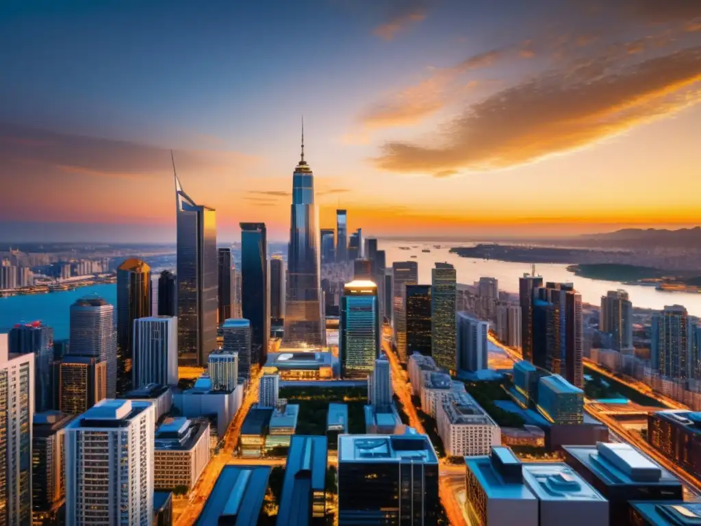 Horizonte urbano vibrante: atardecer cálido entre rascacielos modernos Vibrante ciudad con modernos rascacielos iluminados por el cálido atardecer, reflejando la dinámica vida profesional