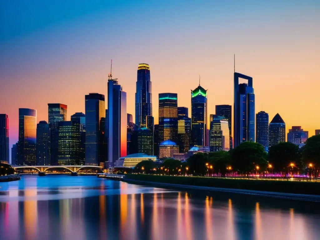 Horizonte urbano moderno iluminado al anochecer Vibrante ciudad al anochecer con modernos rascacielos iluminados