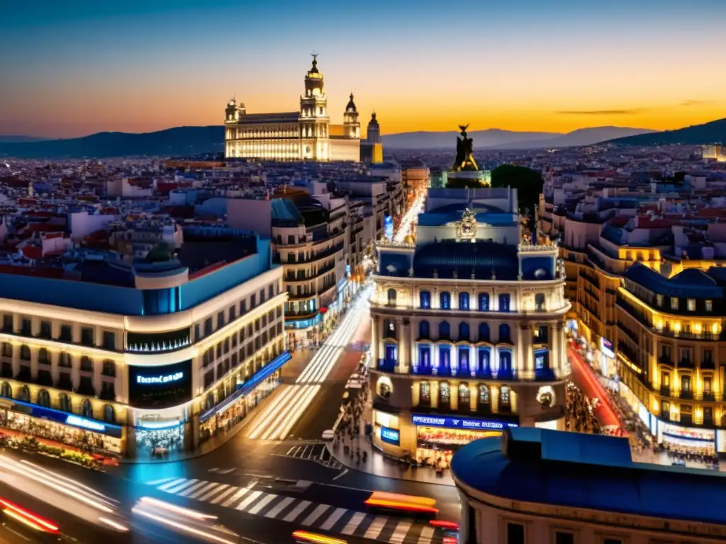 Skyline nocturno de Madrid: dinamismo y vitalidad económica Vibrante ciudad de Madrid de noche, con un bullicioso paisaje urbano y tráfico, reflejando la dinámica del Derecho Tributario Europeo