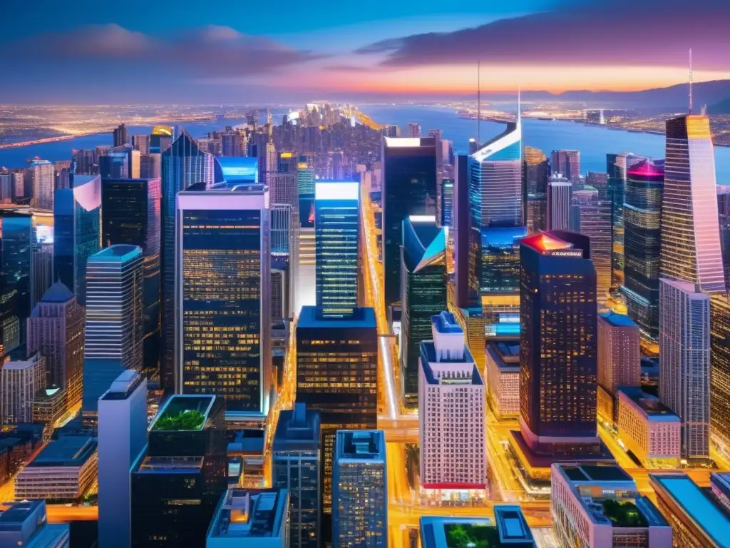 Metrópolis nocturna: luces, tráfico y energía digital Vibrante ciudad nocturna con rascacielos iluminados y tráfico, reflejando el auge de impuestos en la era digital