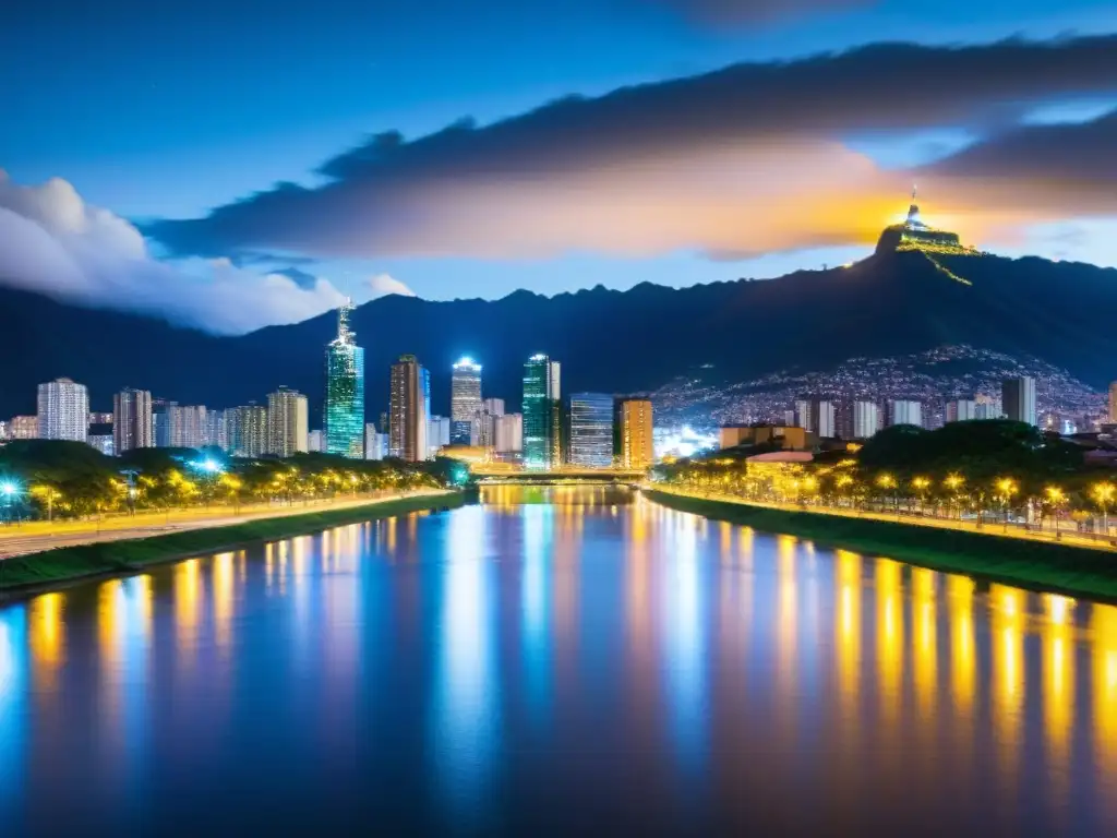 Bogotá de noche: luces urbanas y serenidad del río Magdalena Vibrante ciudad nocturna de Bogotá, Colombia, con rascacielos iluminados reflejados en el río Magdalena
