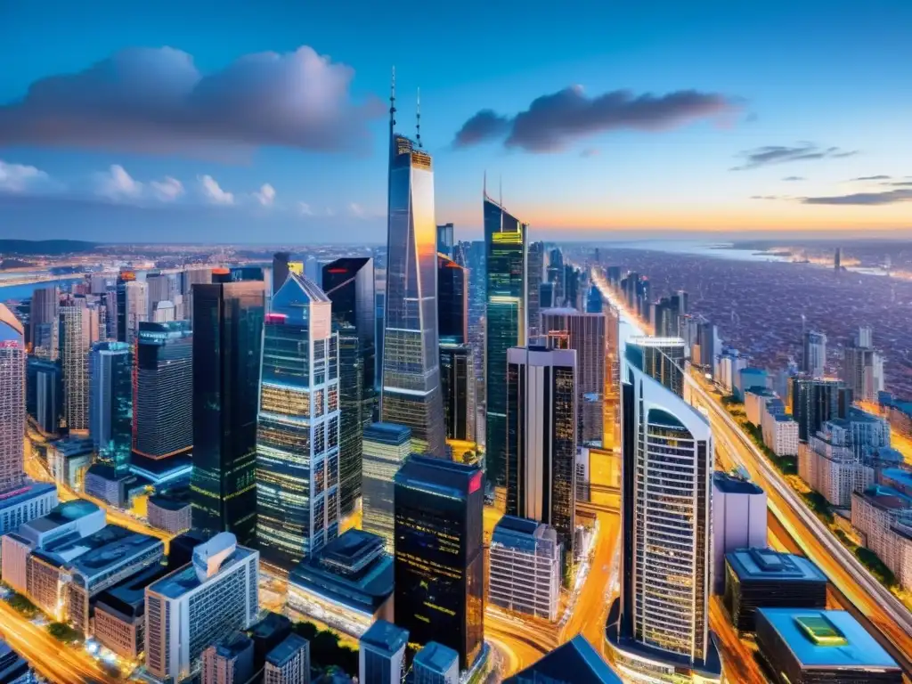 Horizonte urbano dinámico: metrópolis moderna en movimiento Vibrante ciudad con rascacielos y bullicio urbano, reflejando la importancia de las columnas fiscales en la sociedad contemporánea