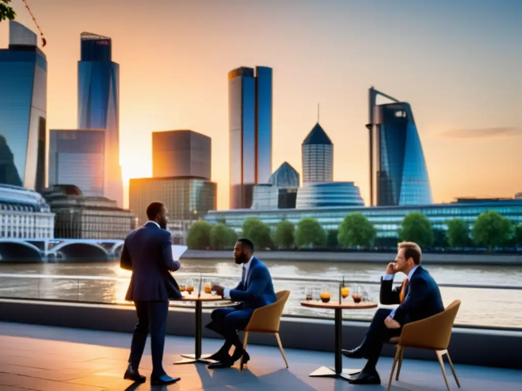 Atardecer en la ciudad: Brexit y la incertidumbre económica Vibrante ciudad al anochecer, con rascacielos modernos junto al río reflejando la cálida luz del sol