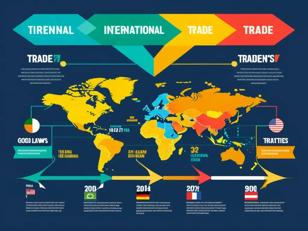 Infografía detallada sobre el flujo del comercio internacional Vibrante infografía detallada del flujo de comercio internacional, incluyendo tratados fiscales y leyes de impuestos indirectos