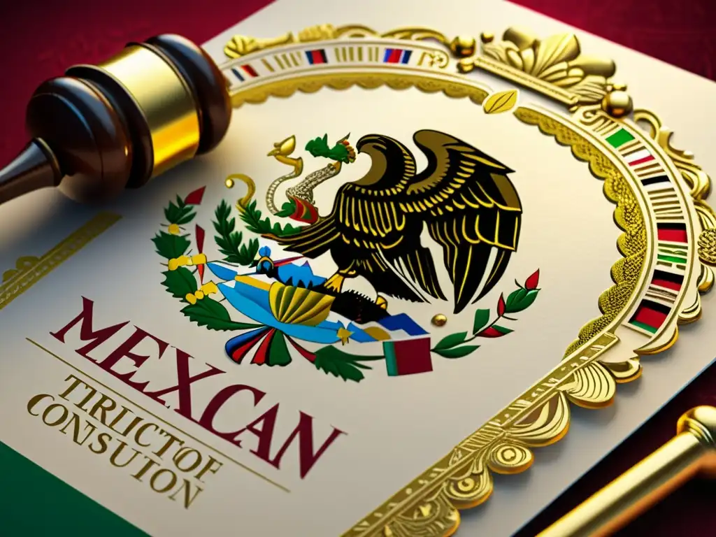 Constitución Mexicana: Protecciones al Contribuyente en Detalle Vibrante ilustración digital detallada de la Constitución Mexicana con patrones e texturas, destacando Protecciones Constitucionales Derecho Fiscal Mexicano en hoja de oro, rodeada de elementos simbólicos realistas