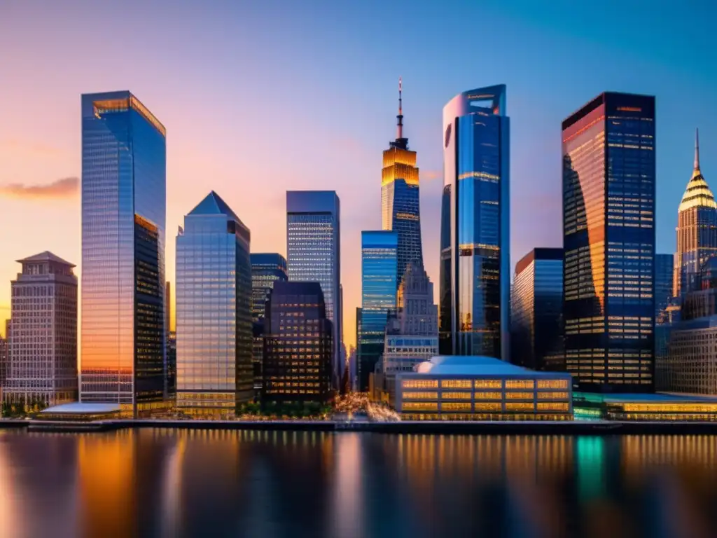 Atardecer en el distrito financiero: modernidad y sofisticación Vibrante distrito financiero al atardecer, reflejando el papel del asesor fiscal grandes patrimonios en la ciudad moderna