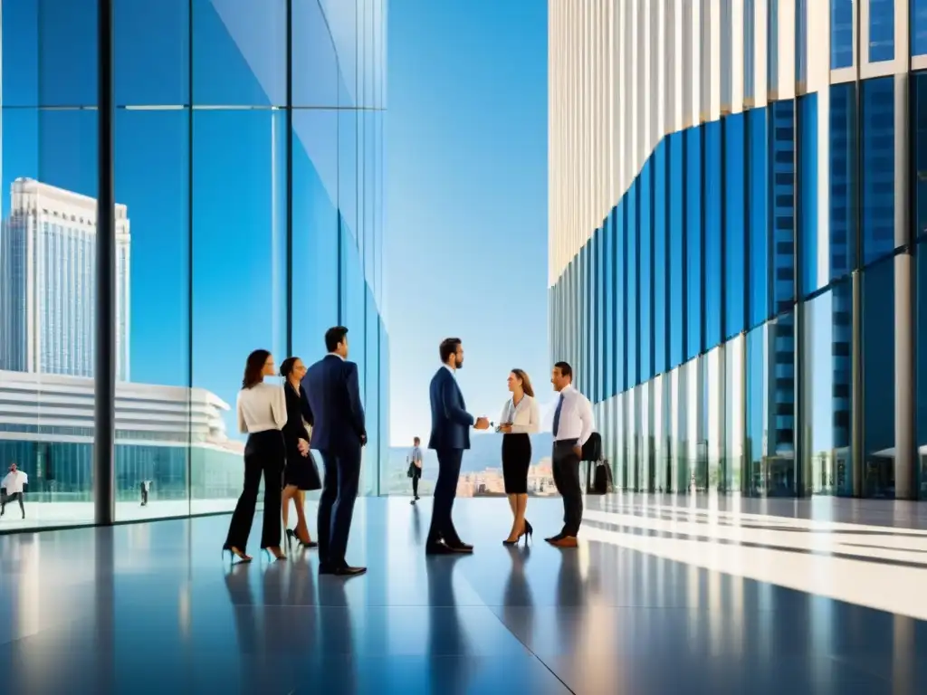 Centro financiero dinámico y moderno en España Vibrante distrito financiero en España con profesionales y modernos rascacielos, reflejando normas fiscales internacionales España