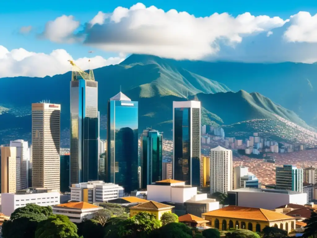 Distrito financiero de Bogotá: dinamismo y progreso Vibrante distrito financiero en Bogotá, con rascacielos modernos contra un cielo azul brillante, ejecutivos en discusión