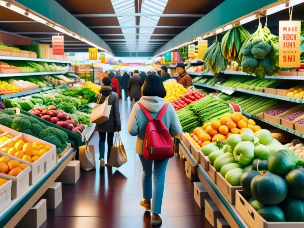 Mercado urbano vibrante con diversidad de productos y clientes Vibrante escena de mercado urbano con productos variados y compradores, bajo cálida luz solar