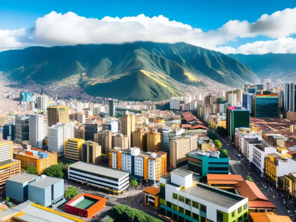 Panorama urbano de Bogotá al atardecer: energía dinámica Vibrante escena urbana de Bogotá al atardecer, con rascacielos, arte callejero y diversidad de personas