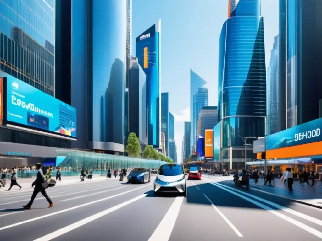 Distrito financiero moderno: Rascacielos, personas y energía Vibrante escena urbana financiera con rascacielos modernos y bullicio de actividad, reflejando la importancia de las finanzas públicas en tributación