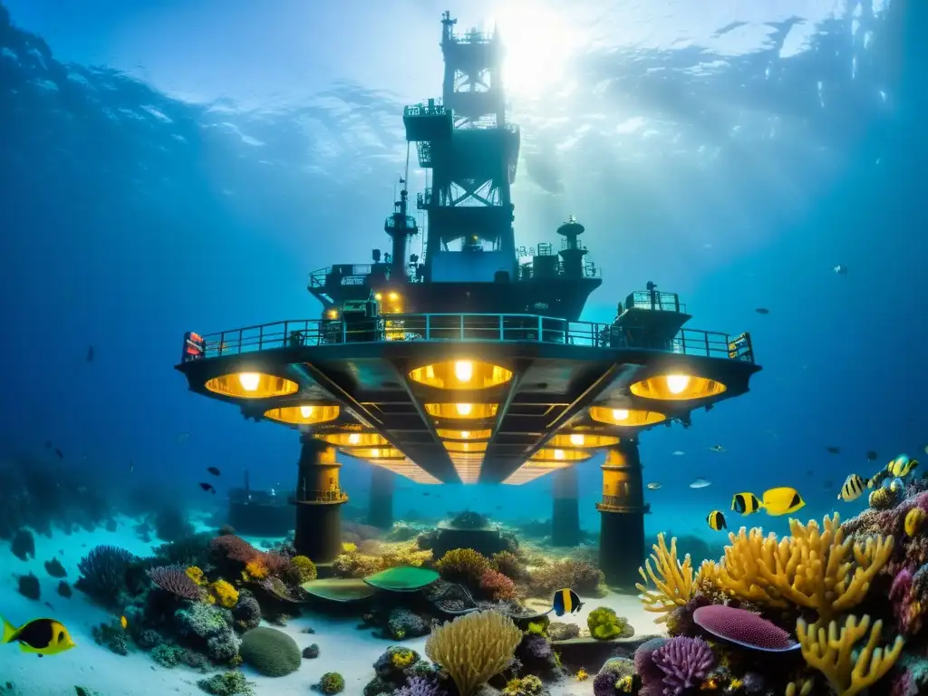 Vida marina junto a plataforma petrolera Vibrante vida marina rodea la estructura de un oleoducto en aguas profundas, iluminada por su propia luz