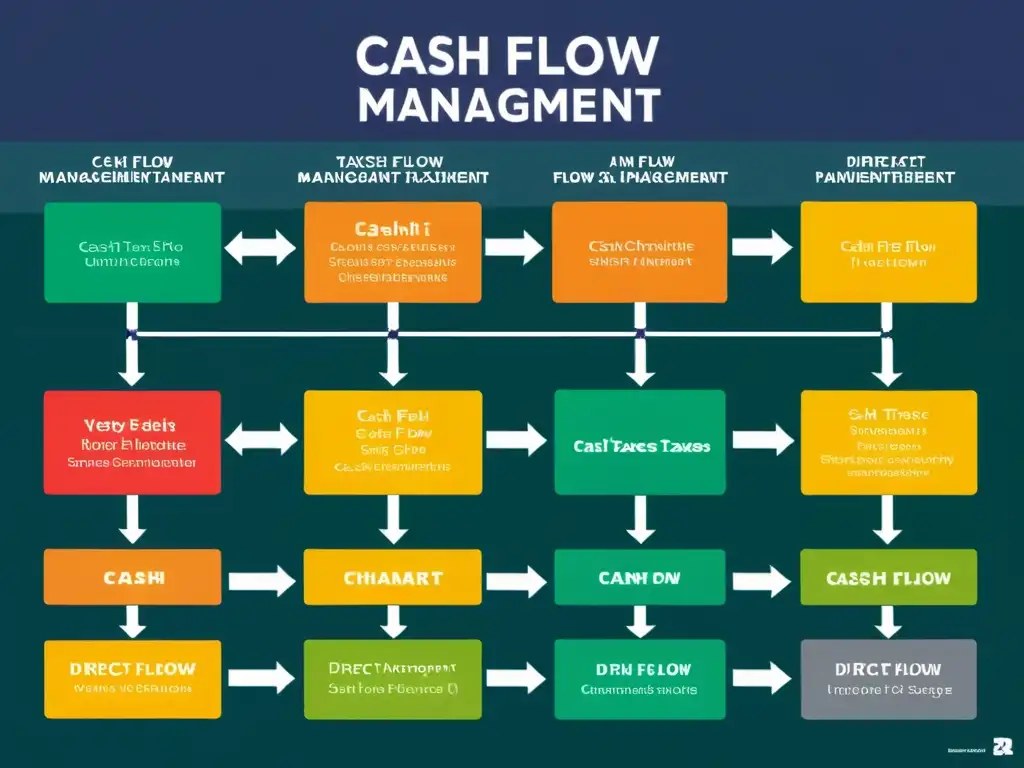 Diagrama detallado de gestión de flujo de efectivo en impuestos directos Vibrante flowchart de gestión financiera para emprendedores en impuestos directos, con diseño claro y moderno