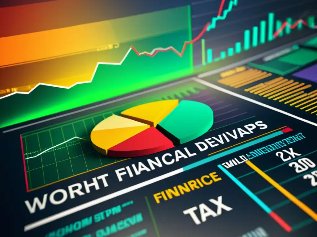 Oportunidades fiscales: Derivados financieros en color Vibrante imagen de productos financieros con gráficos detallados, transmitiendo la complejidad de la fiscalidad de inversiones para patrimonios
