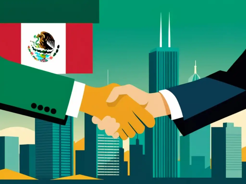 Apretón de manos entre inversionistas mexicanos y socios extranjeros Vibrante ilustración de handshake entre inversor mexicano y socio extranjero, con bandera y moneda mexicana