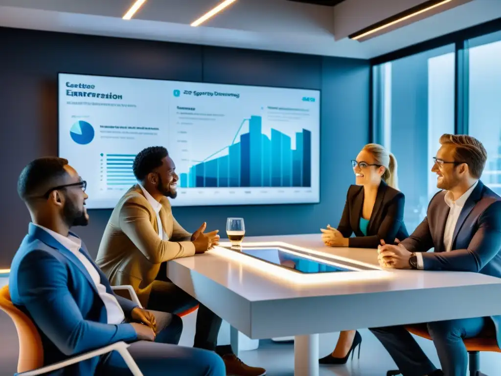 Emprendedores innovadores en sesión de brainstorming 8k Vibrante sesión de lluvia de ideas de emprendedores en oficina moderna, rodeados de tecnología de vanguardia y mobiliario elegante