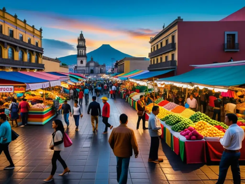 Mercado vibrante en Ciudad de México: impacto económico del IVA Vibrante mercado en la Ciudad de México con vendedores callejeros y consumidores, mostrando el impacto del IVA en México