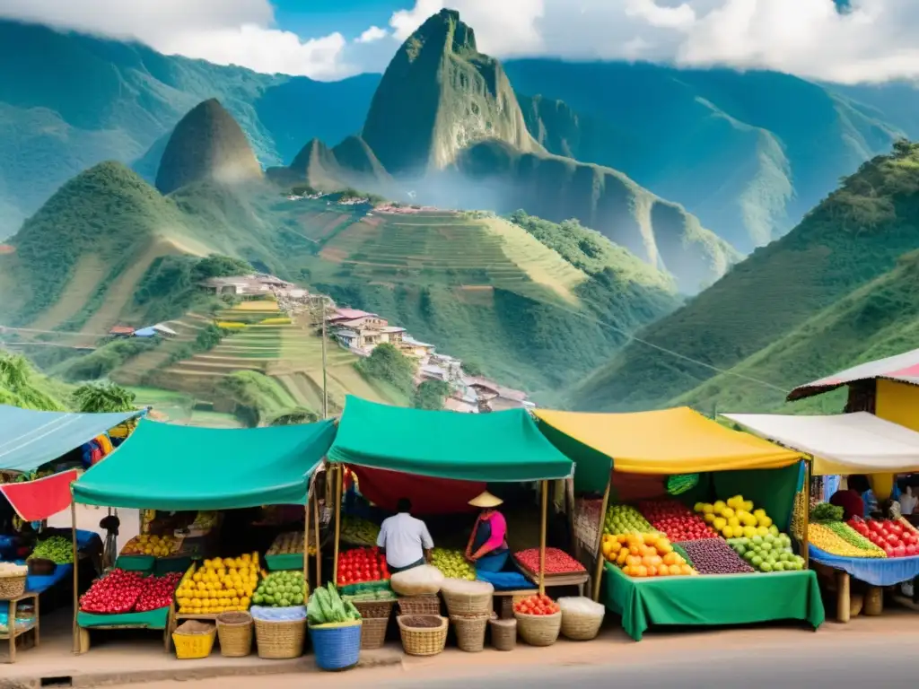 Mercado colombiano: frutas, textiles y artesanías en un escenario vibrante Vibrante mercado colombiano con frutas coloridas, textiles y artesanías, rodeado de imponentes montañas y exuberante vegetación