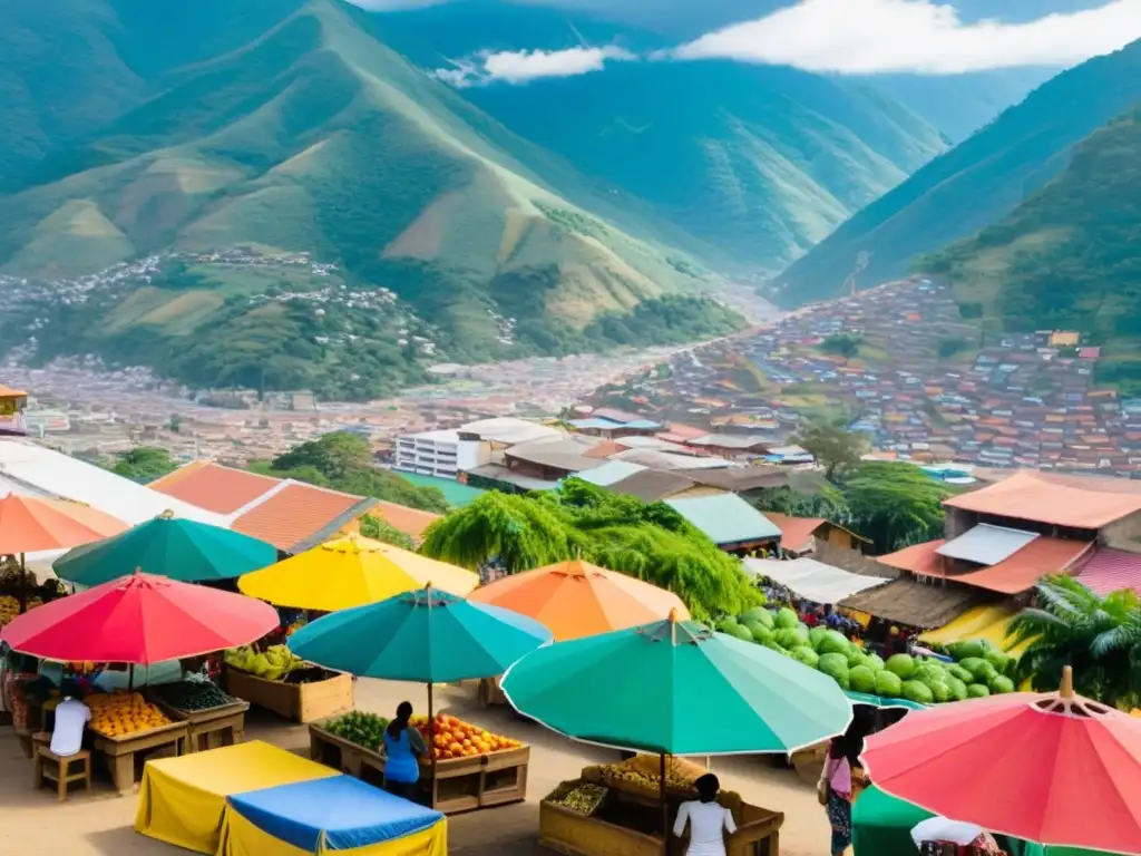 Mercado colombiano: colores, arte y energía Un vibrante mercado colombiano con vendedores, frutas coloridas, artesanías y textiles tradicionales bajo sombrillas