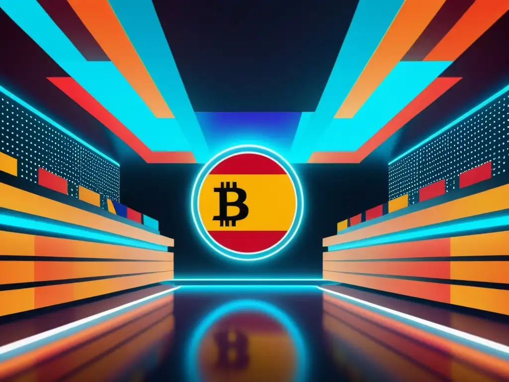 Mercado digital futurista con criptomonedas y banderas españolas Vibrante mercado digital con la integración de criptomonedas y banderas españolas, reflejando la evolución de la fiscalidad española y criptomonedas