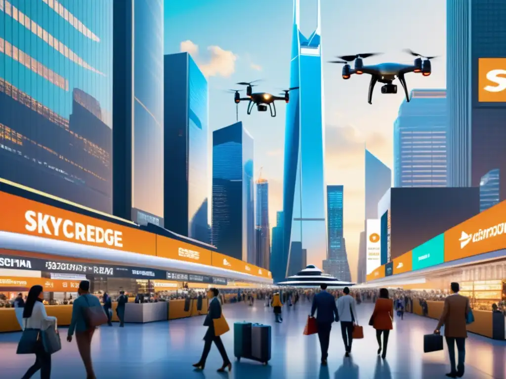 Mercado digital futurista: integración y desafíos del ecommerce Vibrante mercado digital con rascacielos futuristas y personas realizando transacciones electrónicas, desafíos fiscales comercio electrónico